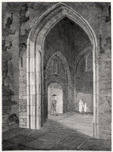 Een Interieurzicht van de Portiek van de Parochiekerk van St. Alphage, London Wall; voorheen de Kapel van het Priorij van Elsynge Spital, uitgegeven door Robert Wilkinson, 1815 door English School